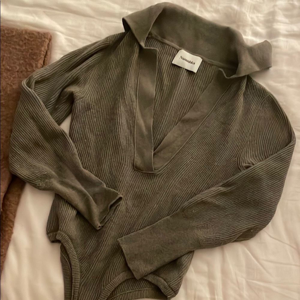 Nanushka Green Fitted Long Sleeve Polo Bodysuit